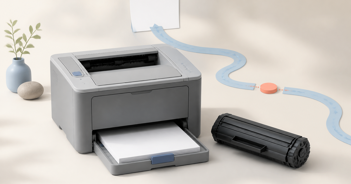 A compact laser printer beside a toner cartridge and an interrupted blue diagnostic path