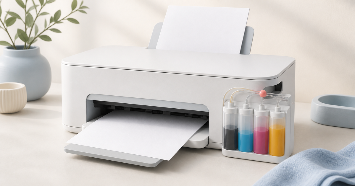 A tank printer with four ink reservoirs and a blank sheet of paper