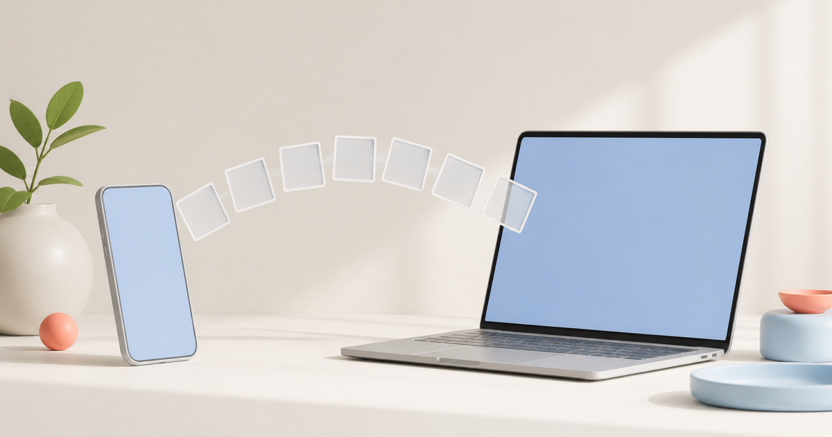 Two nearby devices exchanging files through a soft blue wireless arc