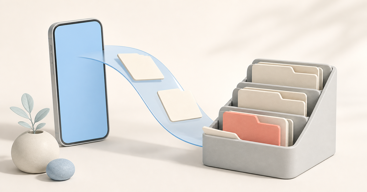 An iPhone beside an organized file drawer with download folders
