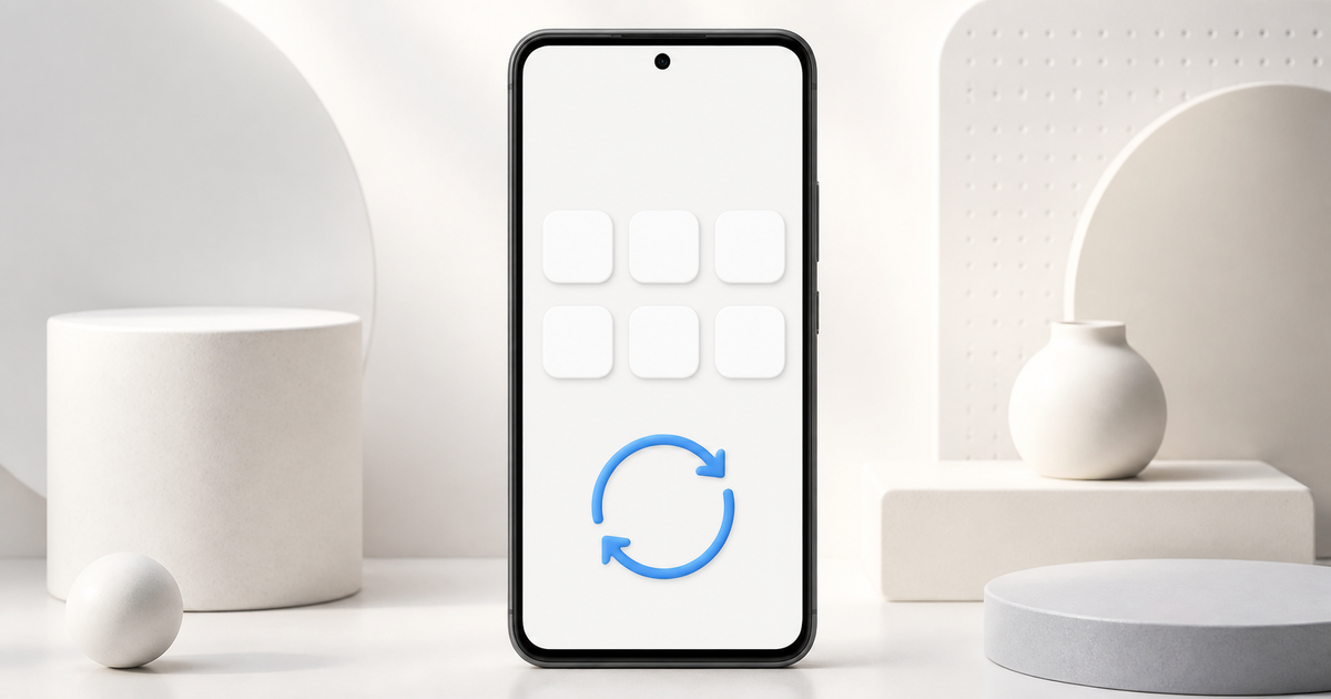 An Android phone with app tiles and a blue circular update arrow