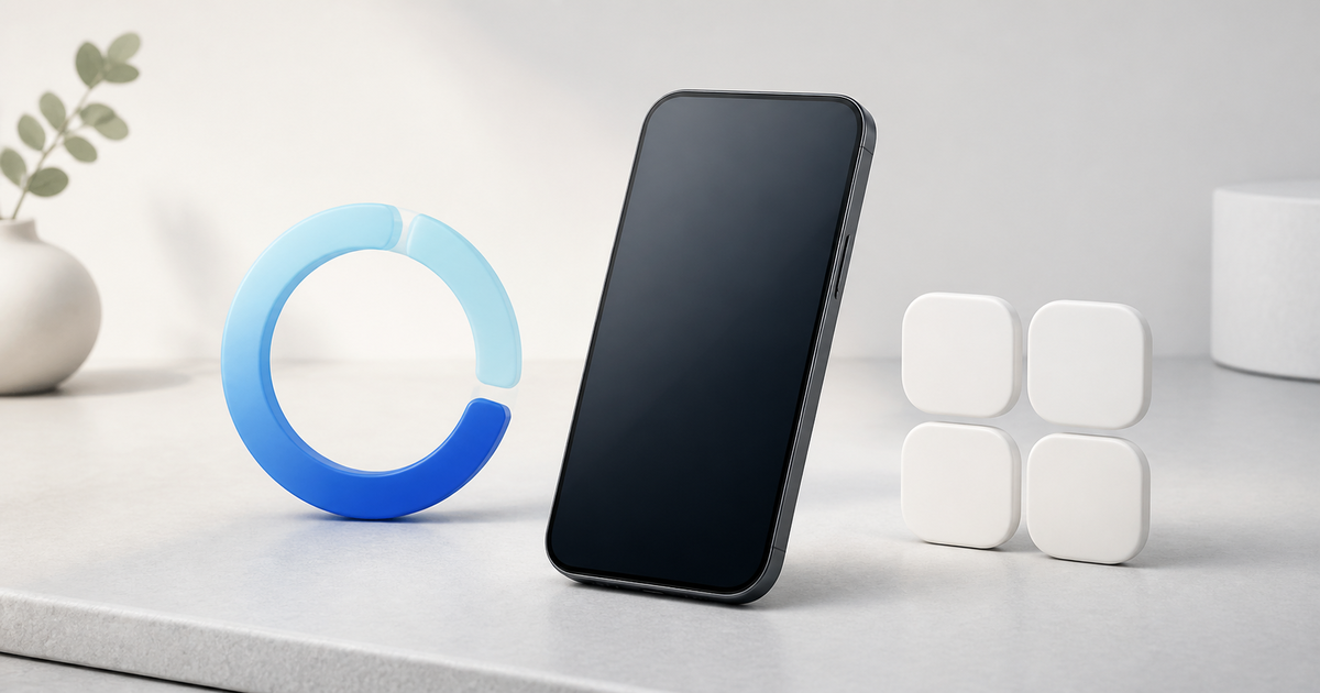 An iPhone beside app tiles and a calm update progress ring