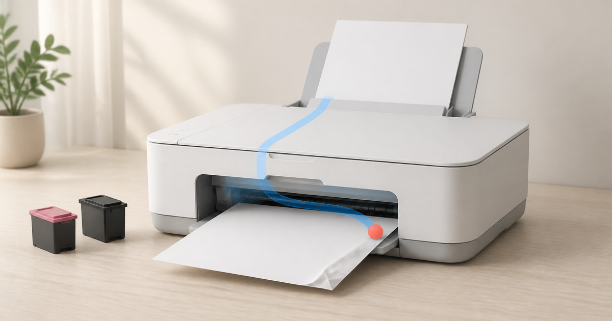 A home printer with crumpled paper in the output path and a blue diagnostic line