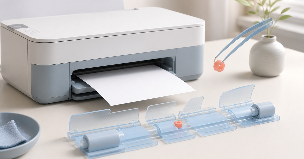 A home printer surrounded by five orderly diagnostic checkpoints