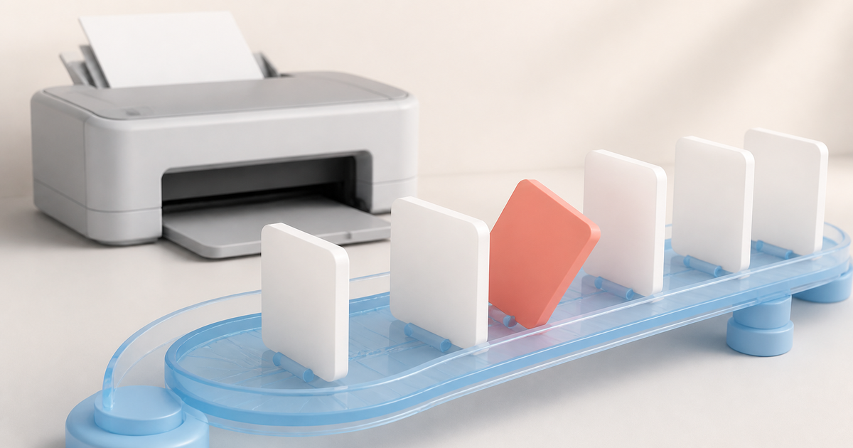 Print jobs moving along a conveyor toward a stalled printer queue
